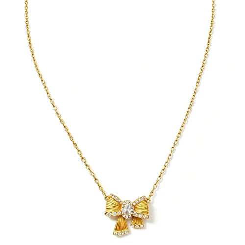 Gold bow necklace with a line of pavé stones on a fine chain